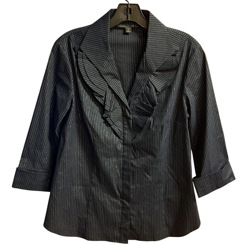 Lafayette 148 New York Shirt Size 8 Womens Navy w/ Silver Pinstripe Button Up